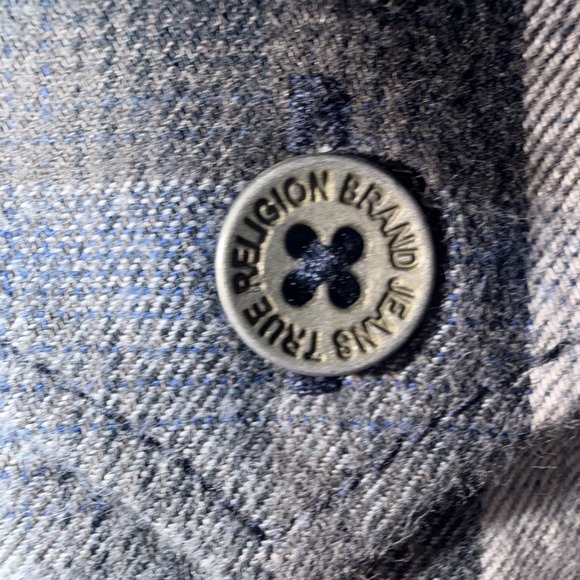 True Religion Shirt Mens XL Plaid Button Up Long Sleeve Embroidered Slim - Picture 6 of 13